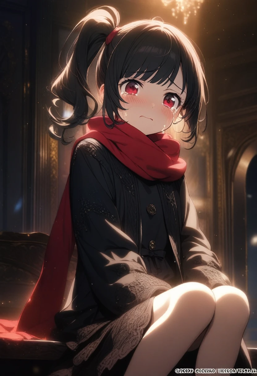 1girl momose \(oqo\), official art, sitting, crying, tears streaming, black coat, red scarf, black hair, side_ponytail, red eyes, (very aesthetic, best quality, ultra detailed), intricate details, highres, indoors, light particles,