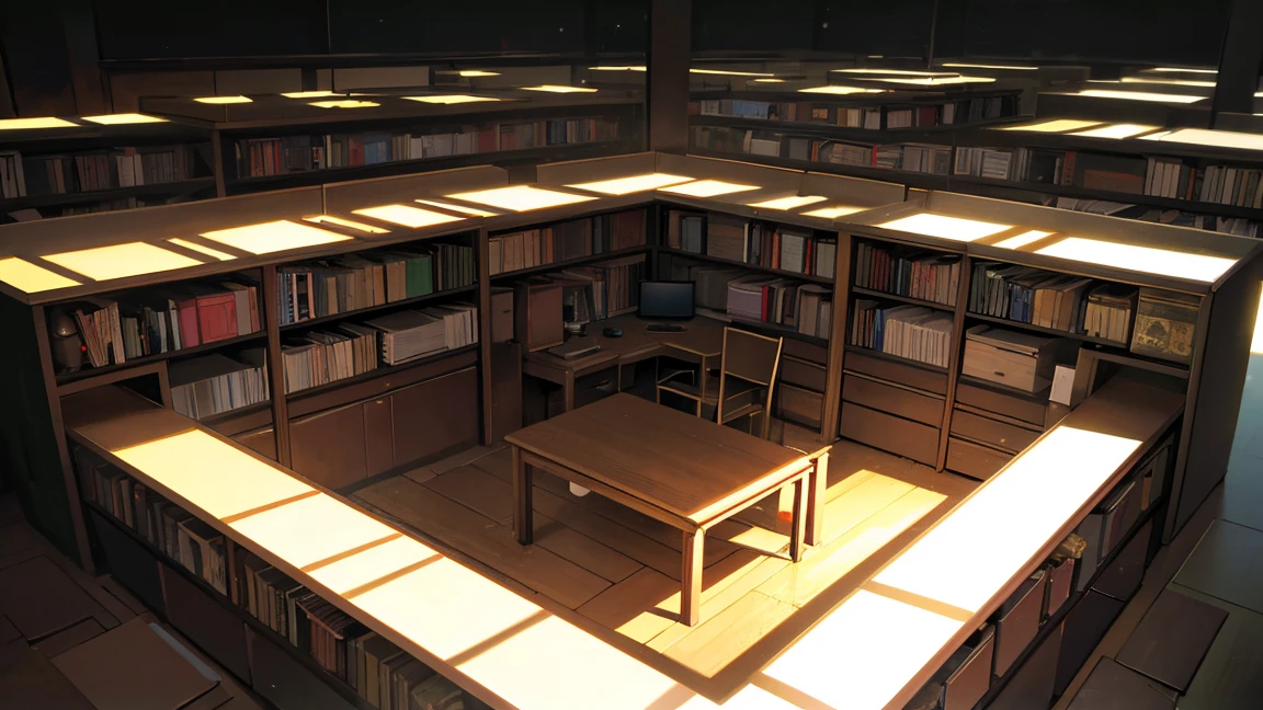 A narrow, dark study with the back covered in bookshelves、There is one desk with a PC in the center.、No people、Front horizontal view