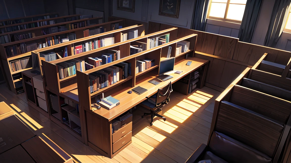 A narrow, dark study with the back covered in bookshelves、There is one desk with a PC in the center.、No people、Front horizontal view