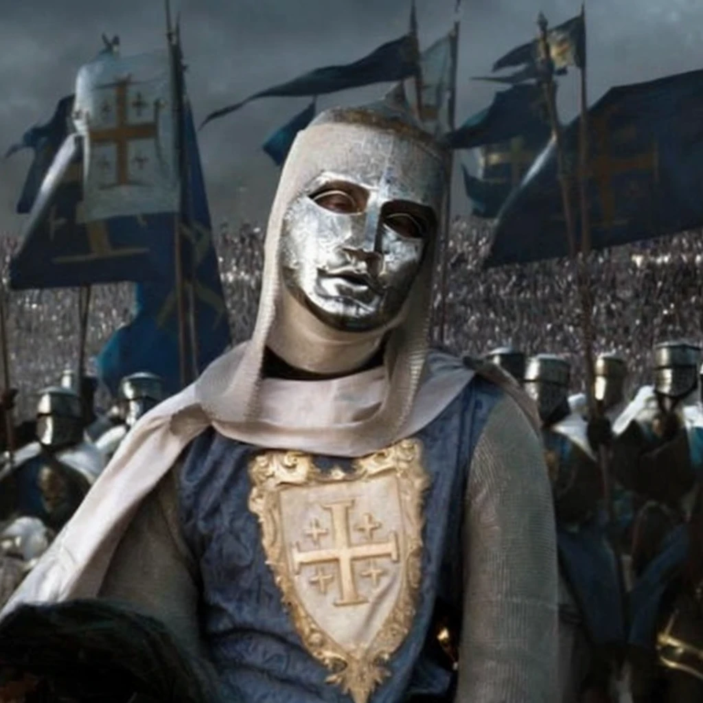 arafed knight in full armor, medieval crusader saint, Edward Norton as King Baldwin IV, medieval crusader saint, square-jawed in medieval clothing, paladin of light, medieval saint crusader knight, silver armor with gold ornaments and covered with white silk, shades clear, dramatic mask, dramatic light