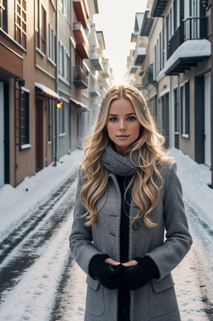 proFessional portrait photograph oF a gorgeous Norwegian girl in winter clothing with long wavy blonde hair, sultry Flirty look, gorgeous symmetrical Face, lindo maquillaje natural, wearing elegant warm winter Fashion clothing, ((parado afuera en una calle nevada de la ciudad)), impresionante entorno urbano moderno, ultra realista, arte conceptual, elegant, muy detallado, Intrincado, sharp Focus, depth oF Field, F/1. 8, 85mm, Tiro medio, plano medio, (((proFessionally color graded))), bright soFt diFFused light, (volumetric Fog), tendencia en instagram, hdr 4k, 8k