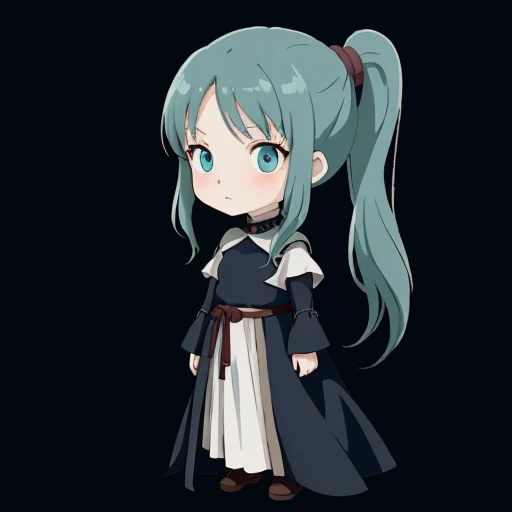 Chibi girl in Ghibli style with long dark turquoise hair in a ponytail in a medieval closed dark dress without background in full length, Serious Cold Gaze, pale skin, Blue eyes