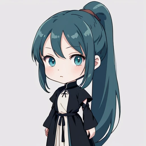 Chibi girl in Ghibli style with long dark turquoise hair in a ponytail in a medieval closed dark dress without background in full length, Serious Cold Gaze, pale skin, Blue eyes