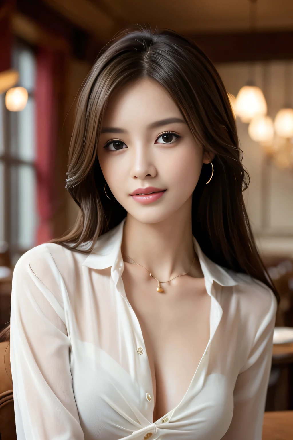 Tabletop, Highest quality, Realistic, Very detailed, finely, High resolution, 8k wallpaper, One beautiful woman,, Light brown messy hair, Wearing a white see-through shirt with an open collar,In a luxurious restaurant 、Sharp focus, Perfect dynamic composition, Beautiful and beautiful eyes, Thin Hair, Detailed Realistic skin texture, smile, Close-up portrait, Model Body Type