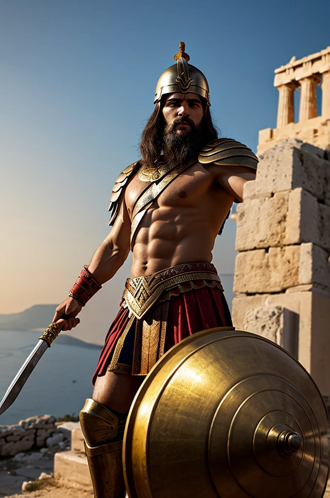 Generate a high quality image of a greek warrior, no background, lots of details