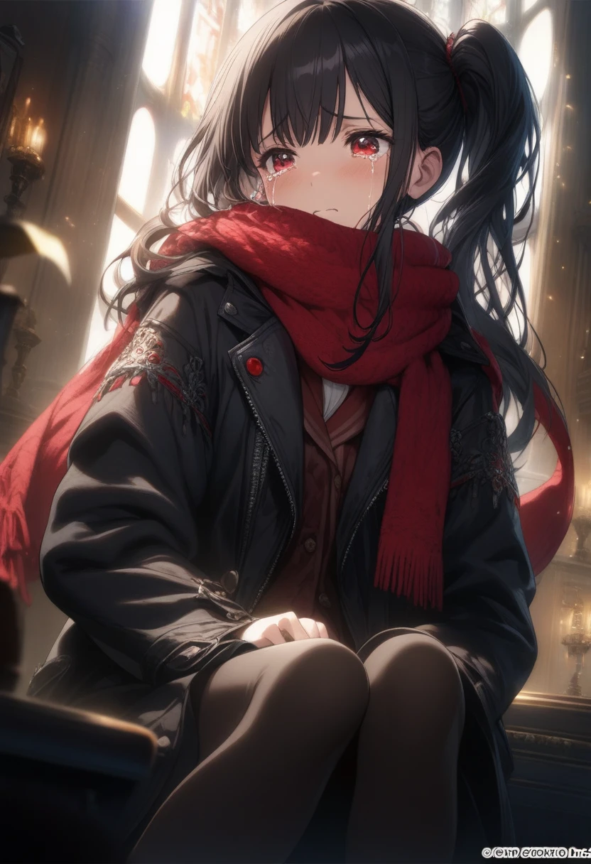 1girl, official art, sitting, crying, tears streaming, black coat, red scarf, black hair, side_ponytail, red eyes, (very aesthetic, best quality, ultra detailed), intricate details, highres, indoors, light particles,
