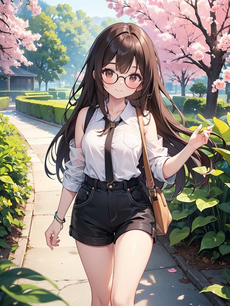 1 woman、brown hair(long)、brown eyes、black round glasses、 best quality、Super detailed、8K resolution、Raw photo、muste piece、seductive, demin overall shorts, gorgeous face、perfect body、spring scenery、barefoot, stroll、smile