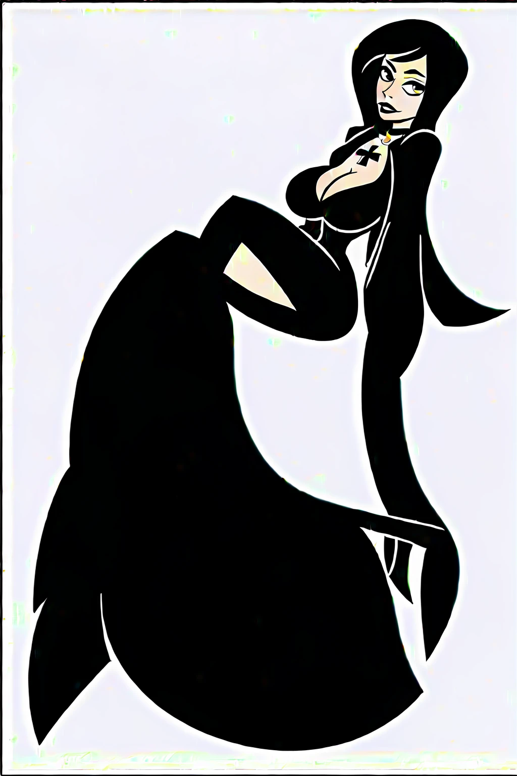 A Gothic girl, black mid-long hair, intense black eyes, intense eyeliner, black lips, sensual. Black open dress, cleavage, big breast, high boots, reversed-cross necklace. Masterpiece, Detailed, UHD