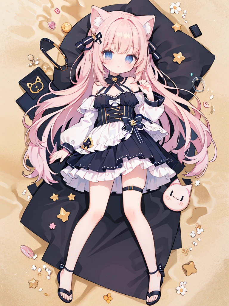 a girl,mini skirt,strappy heels，On the beach，Full body portrait,Hair，Has cat ears,Vision,Full body portrait,high quality,8k wallpaper，she blushes，Raise your hand