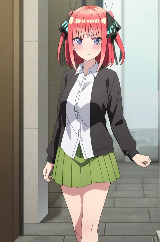 ((best quality)),((highly detailed)),masterpiece,absurdities,detailed face,beautiful face,(detailed eyes, deep eyes),((dynamic pose)),pink hair,blue eyes,ornamental butterfly hair clip hair, black ribbon, skirt, hair ornament, shirt, bangs, ribbon, green skirt, white shirt, black cardigan, cardigan, open clothing, open cardigan, blunt bangs, hair band, closure, breasts, pleated skirt , V-shaped eyebrows, short hair, pigtails, collared shirt, indoors, medium hair, blush, alone, eyebrows hidden by hair, long sleeves, shy with rosy cheeks, shy look down, two sides up, breasts large, dress shirt, shiny hair, standing, shiny, looking at viewer, medium breasts, viewer's perspective, holding a guy's (spectator's) hand and walking through the city of Tokyo at night. romantic moment.