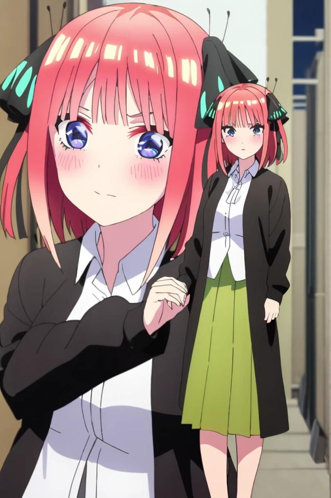 ((best quality)),((highly detailed)),masterpiece,absurdities,detailed face,beautiful face,(detailed eyes, deep eyes),((dynamic pose)),pink hair,blue eyes,ornamental butterfly hair clip hair, black ribbon, skirt, hair ornament, shirt, bangs, ribbon, green skirt, white shirt, black cardigan, cardigan, open clothing, open cardigan, blunt bangs, hair band, closure, breasts, pleated skirt , V-shaped eyebrows, short hair, pigtails, collared shirt, indoors, medium hair, blush, alone, eyebrows hidden by hair, long sleeves, shy with rosy cheeks, shy look down, two sides up, breasts large, dress shirt, shiny hair, standing, shiny, looking at viewer, medium breasts, viewer's perspective, holding a guy's (spectator's) hand and walking through the city of Tokyo at night. romantic moment.