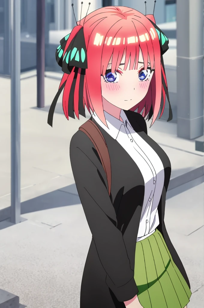 ((best quality)),((highly detailed)),masterpiece,absurdities,detailed face,beautiful face,(detailed eyes, deep eyes),((dynamic pose)),pink hair,blue eyes,ornamental butterfly hair clip hair, black ribbon, skirt, hair ornament, shirt, bangs, ribbon, green skirt, white shirt, black cardigan, cardigan, open clothing, open cardigan, blunt bangs, hair band, closure, breasts, pleated skirt , V-shaped eyebrows, short hair, pigtails, collared shirt, indoors, medium hair, blush, alone, eyebrows hidden by hair, long sleeves, shy with rosy cheeks, shy look down, two sides up, breasts large, dress shirt, shiny hair, standing, shiny, looking at viewer, medium breasts, viewer's perspective, holding a guy's (spectator's) hand and walking through the city of Tokyo at night. romantic moment.
