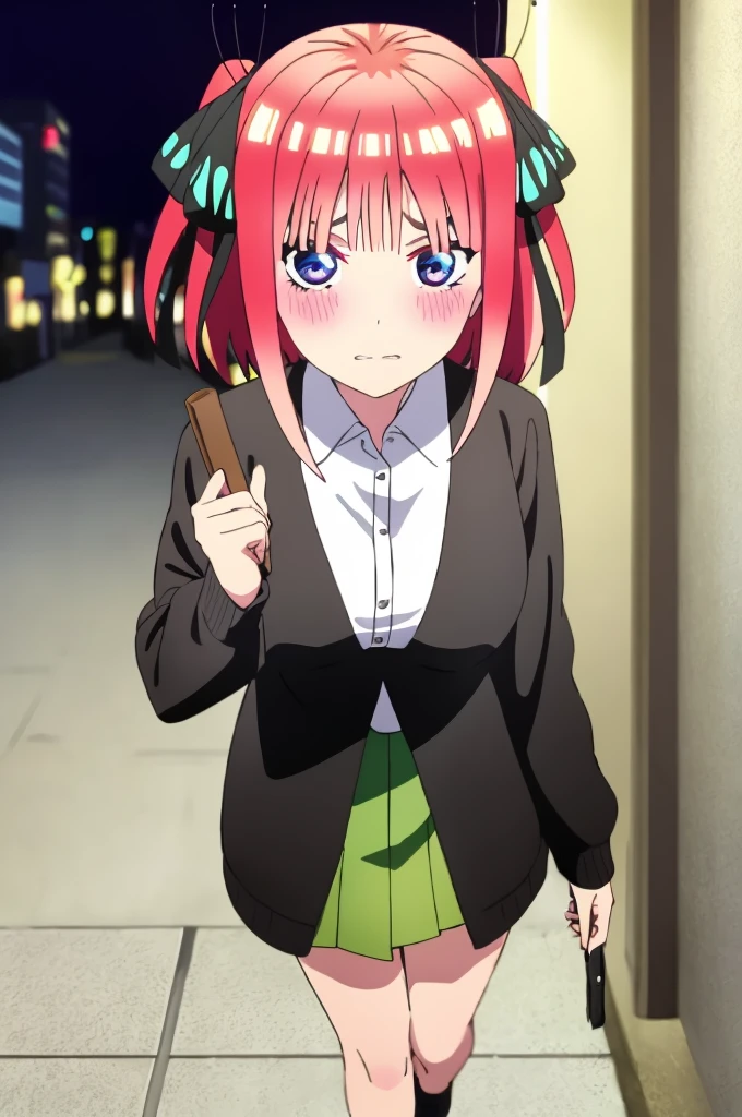 ((best quality)),((highly detailed)),masterpiece,absurdities,detailed face,beautiful face,(detailed eyes, deep eyes),((dynamic pose)),pink hair,blue eyes,ornamental butterfly hair clip hair, black ribbon, skirt, hair ornament, shirt, bangs, ribbon, green skirt, white shirt, black cardigan, cardigan, open clothing, open cardigan, blunt bangs, hair band, closure, breasts, pleated skirt , V-shaped eyebrows, short hair, pigtails, collared shirt, indoors, medium hair, blush, alone, eyebrows hidden by hair, long sleeves, shy with rosy cheeks, shy look down, two sides up, breasts large, dress shirt, shiny hair, standing, shiny, looking at viewer, medium breasts, viewer's perspective, holding a guy's (spectator's) hand and walking through the city of Tokyo at night. romantic moment.