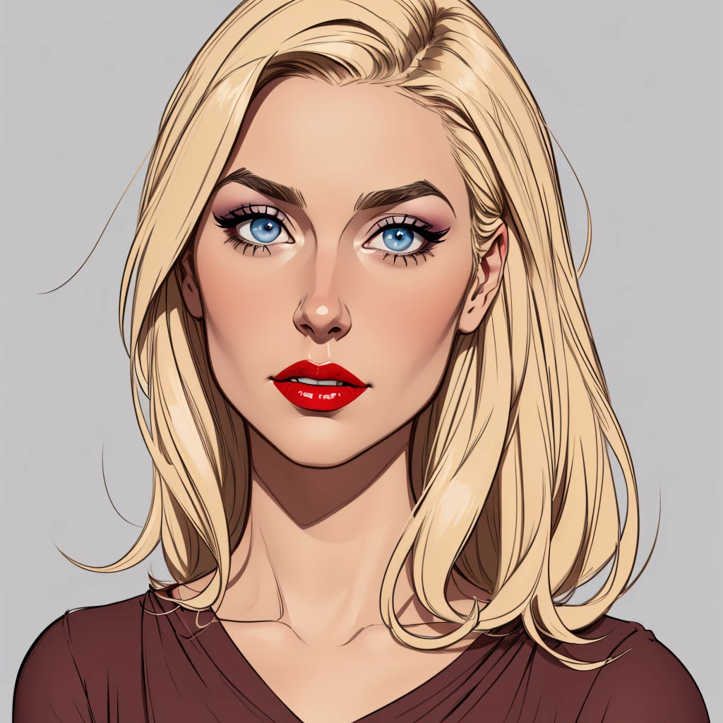 Flat colors, close-up, portrait, of a 40-year-old, sexy plumb looking girl, perfect makeup, red lipstick, perfect olive skin, ([blue eyes]) Long blondie hair, natural eyebrows natural beaty, beautiful, blouse, masterpiece, (([Simple grey background]))