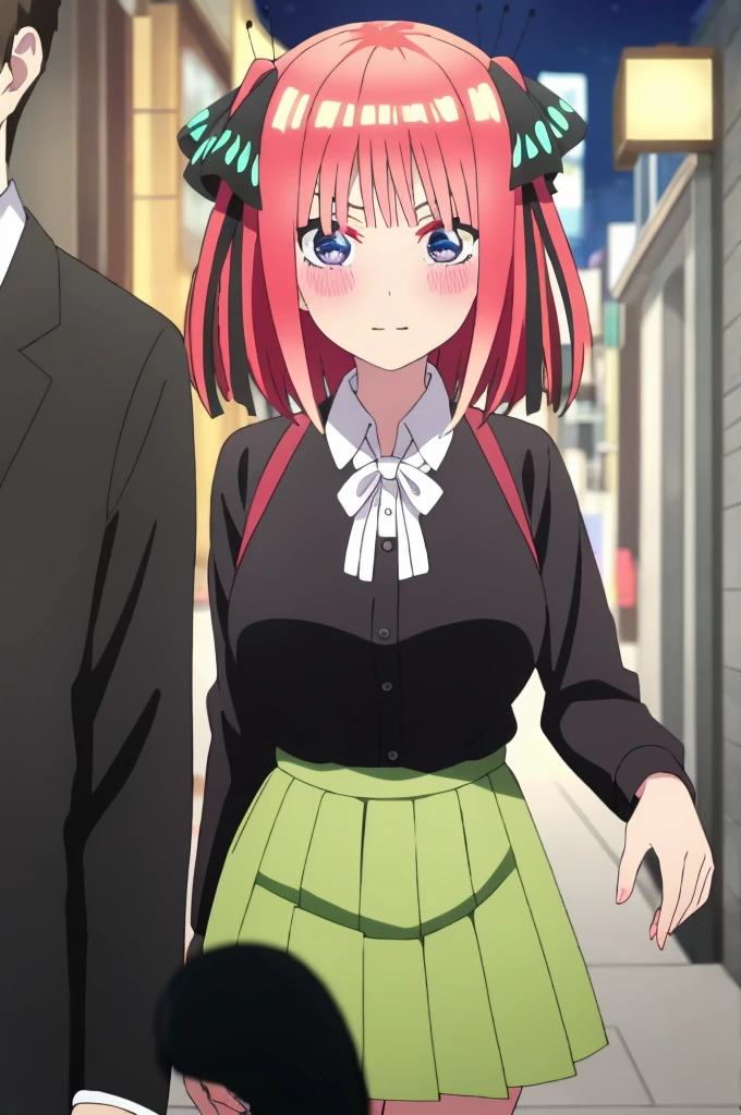 ((best quality)),((highly detailed)),masterpiece,absurdities,detailed face,beautiful face,(detailed eyes, deep eyes),((dynamic pose)),pink hair,blue eyes,ornamental butterfly hair clip hair, black ribbon, skirt, hair ornament, shirt, bangs, ribbon, green skirt, white shirt, black cardigan, cardigan, open clothing, open cardigan, blunt bangs, hair band, closure, breasts, pleated skirt , V-shaped eyebrows, short hair, pigtails, collared shirt, indoors, medium hair, blush, alone, eyebrows hidden by hair, long sleeves, shy with rosy cheeks, shy look down, two sides up, breasts large, dress shirt, shiny hair, standing, shiny, looking at viewer, medium breasts, viewer's perspective, holding a guy's (spectator's) hand and walking through the city of Tokyo at night. romantic moment.