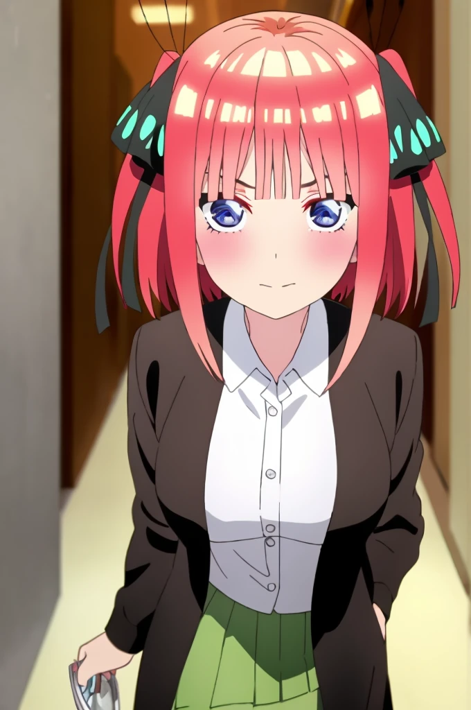 ((best quality)),((highly detailed)),masterpiece,absurdities,detailed face,beautiful face,(detailed eyes, deep eyes),((dynamic pose)),pink hair,blue eyes,ornamental butterfly hair clip hair, black ribbon, skirt, hair ornament, shirt, bangs, ribbon, green skirt, white shirt, black cardigan, cardigan, open clothing, open cardigan, blunt bangs, hair band, closure, breasts, pleated skirt , V-shaped eyebrows, short hair, pigtails, collared shirt, indoors, medium hair, blush, alone, eyebrows hidden by hair, long sleeves, shy with rosy cheeks, shy look down, two sides up, breasts large, dress shirt, shiny hair, standing, shiny, looking at viewer, medium breasts, viewer's perspective, holding a guy's (spectator's) hand and walking through the city of Tokyo at night. romantic moment.