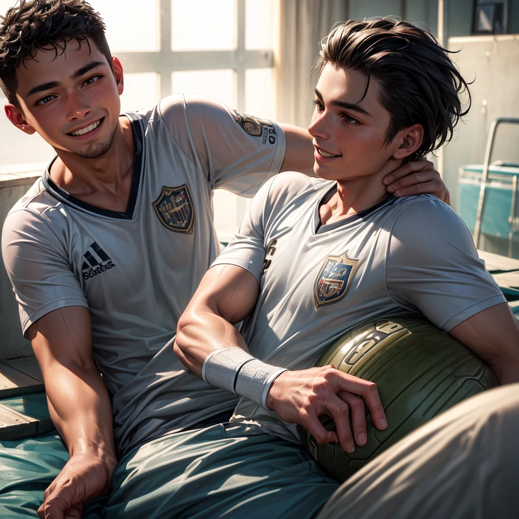 (8k, RAW photo, best quality, masterpiece: 1.2), (realistic: 1.6), (masterpiece), (best quality: 1.0), (ultra hi-res: 1.0), detail, 40s, one, detail beautiful skin, detail room, ,realistic skin, 1boy, soccer_player, soccer_field, smile, white_jersey