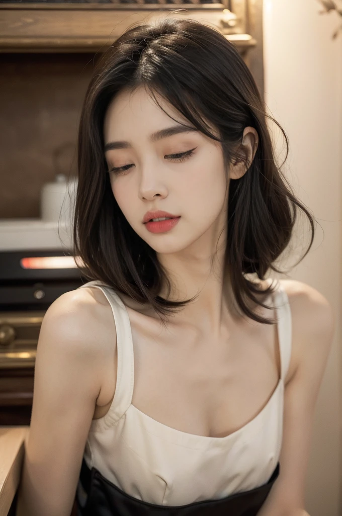 (((best quality))),(((ultra detailed))),(((masterpiece))),illustration,((1 beautiful young girl,solo,)),((slim,thin)),((small breasts,flat chest)),(shoulder length straight bob hair:1.2),(round face:1.2),delicate, sitting on the chair beside the dining table,cheongsam-style lace dress,luxurious, exquisite, smooth skin, delicate facial features, pouted lips, doll-like appearance, sipping coffee, blinking,((close eyes,open mouth,female orgasmic,blush,ahegao, tongue sticking out)), exhaling, soft light, warm glow, pitch-black kitchen, dim light, eerie atmosphere, mysterious, soft hum, air conditioner, ticking clock, tranquil, ominous, otherworldly feel, beauty, darkness, loneliness, unaware, world outside,(from front,upper body),(night scene:1.5)