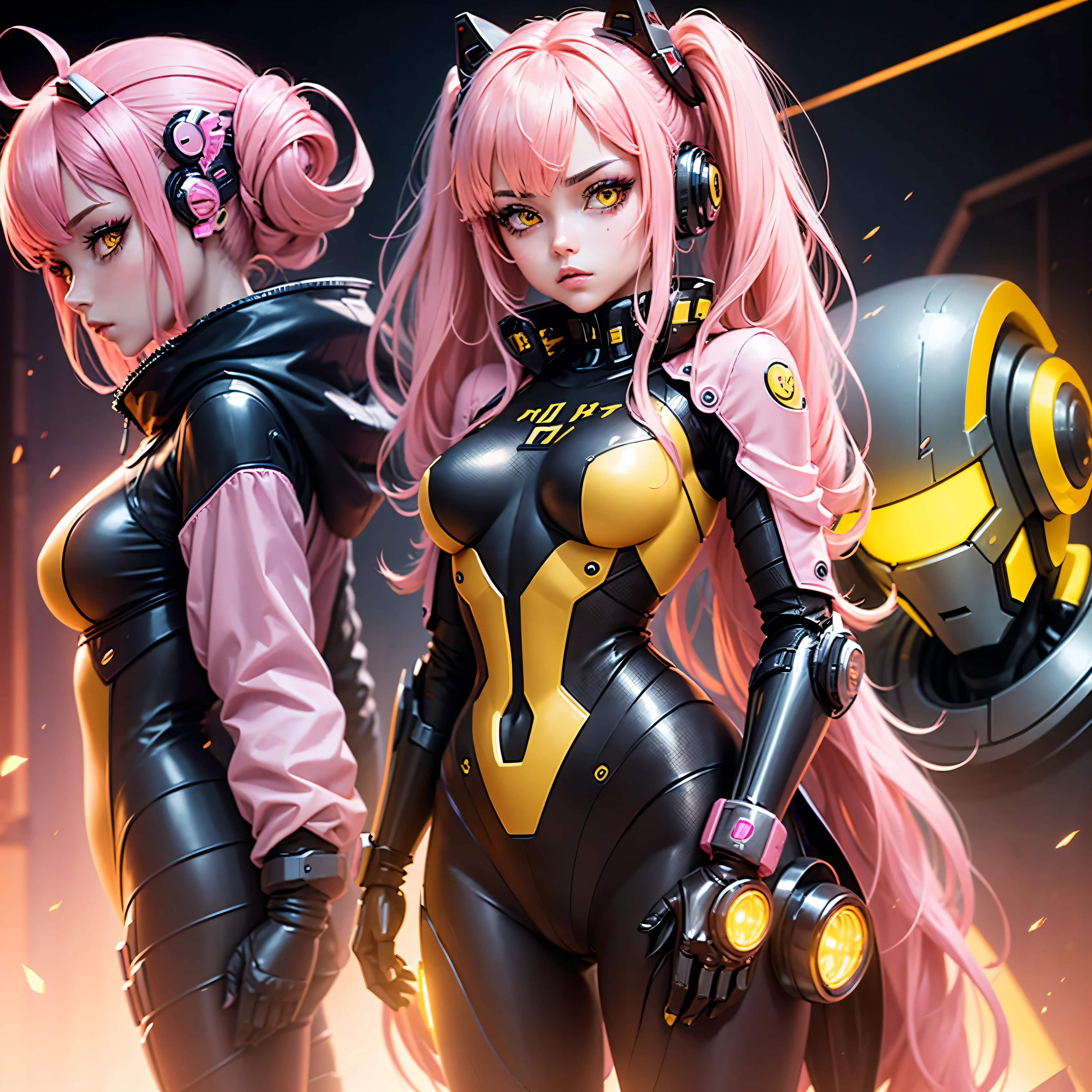 Robot Girl Android Sad Woman Beautiful sexy girl with yellow eyes Cyborg stands half-turn sideways Sadness fur in a pink suit with yellow elements Anime Style black background Cyberpunk on a black background robot costumes with yellow elements pink hair Lower part of the human body skin