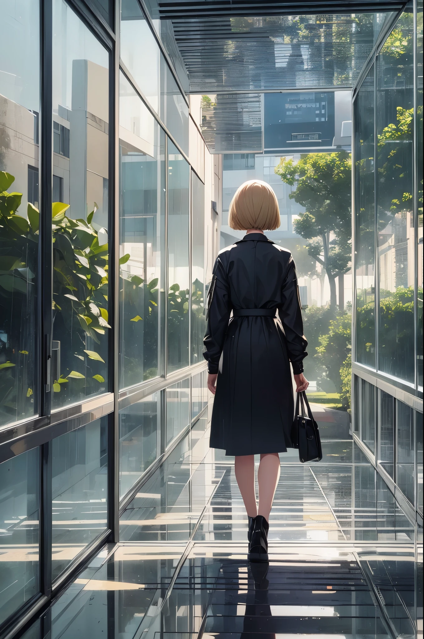 ((20-year-old woman,Blonde short bob hair,She is walking through an huge glass park in the Uneasy atmosphere world)),the sky in the clouds,inside the monochrome world,the atmosphere in the rain,There are faceless monsters in the park,Uneasy atmosphere.