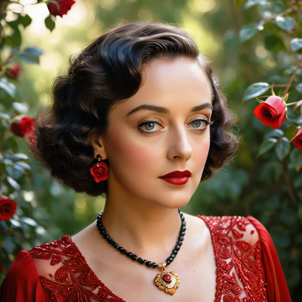 Create a highly detailed and realistic portrait of a young Bette Davis with short, wavy black hair adorned with red roses. She has striking, expressive eyes and a calm, composed expression. She is wearing a vintage-style outfit with a necklace featuring a pendant. The background is a soft-focus natural setting with warm, dappled sunlight filtering through the leaves, enhancing the serene and romantic atmosphere. The style should be hyper-realistic with a touch of romanticism. Photo Realistic photo, vibrant colors, 16k