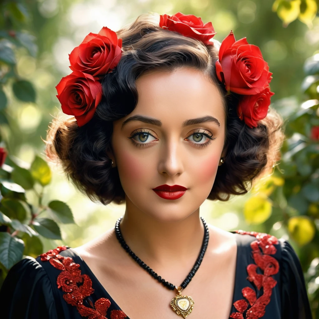 Create a highly detailed and realistic portrait of a young Bette Davis with short, wavy black hair adorned with red roses. She has striking, expressive eyes and a calm, composed expression. She is wearing a vintage-style outfit with a necklace featuring a pendant. The background is a soft-focus natural setting with warm, dappled sunlight filtering through the leaves, enhancing the serene and romantic atmosphere. The style should be hyper-realistic with a touch of romanticism. Photo Realistic photo, vibrant colors, 16k