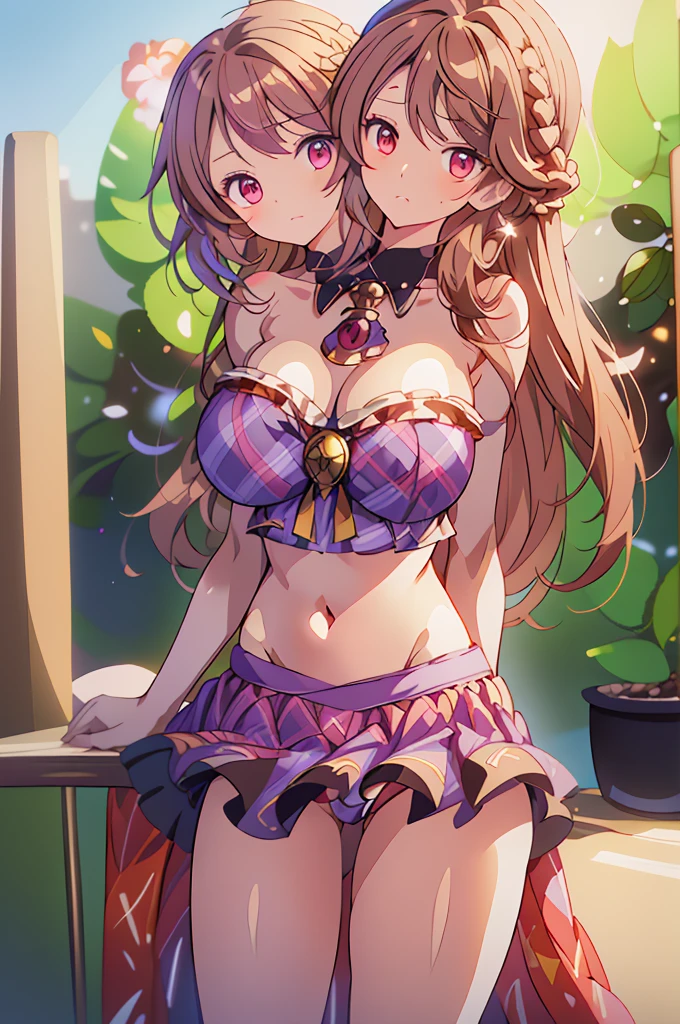 (masterpiece, best quality), best quality, (ultra-detailed), (3heads:1.5), 1girl, (sumireko usami:1.3), masterpiece, best quality, ultra quality, ultra resolution, ultra detail, purple plaid top, crop top, ((stomach)), midriff, ((groin)), purple plaid skirt, normal ears, shackles, brown hair, shoulder-length hair, pigtails, very long hair, wavy hair, sidelocks, brown eyes, detailed eyes, parted lips, sweat, cute, open belly, toned belly, hand on own chest, eyelashes, (24 year old woman:1.3), (masterpiece:1.5), (best quality:1.5), (beautiful detailed), extremely detailed CG, extremely delicate and beautiful, depth of field, (finely detailed face), (perfect details:1.2), (mature female:1.3), wide pelvis, slender, large veiny breast, 16k resolution, highres, very high quality, very high definition, extremely detailed, masterpiece, brown hair, long hair, alluring presence, braid, short skirt, close up, very big tits, huge tits, young, fedora,