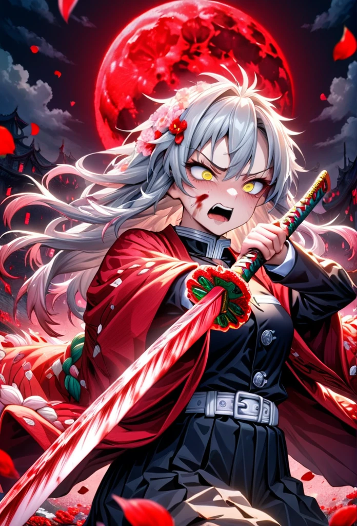 Ultra detailed, highres, absurdres, HDR, master piece, anime girl, pretty woman, white long hair with red streaks, expressive yellow eyes, red haori with patters of blood, black demon slayer uniform, Kimetsu No Yaiba, fantasy, petals, red flowers, pretty, woman grabbing a sword, solo, magic, shining red blood details, red moon, best quality, extremely detailed face and eyes, blood, grabbing a sword, fighting, feral face expression