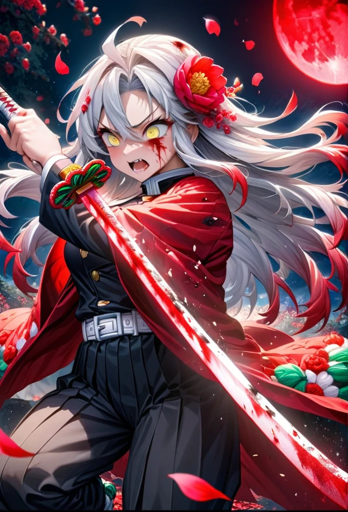 Ultra detailed, highres, absurdres, HDR, master piece, anime girl, pretty woman, white long hair with red streaks, expressive yellow eyes, red haori with patters of blood, black demon slayer uniform, Kimetsu No Yaiba, fantasy, petals, red flowers, pretty, woman grabbing a sword, solo, magic, shining red blood details, red moon, best quality, extremely detailed face and eyes, blood, grabbing a sword, fighting, feral face expression 