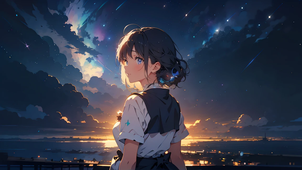 Starry Sky, A girl thinking about space, fluffy, Realistic, Airglow refraction, Nikon D850 フィルムストックphotograph、photograph：Lee Jeffries ,Beautiful anime scenery
