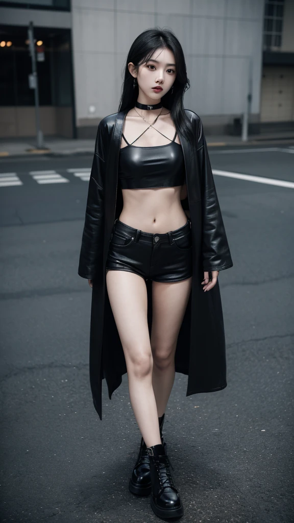 Japanese girl wearing a long black robe jacket wearing a black crop top wearing long black jeans wearing black shoes while showing off her slim stomach showing her navel, wearing a black leather choker necklace, long black hair, photo in the city (masterpiece) (8k) ( full resolution)