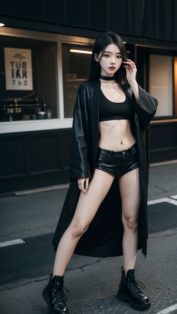 Japanese girl wearing a long black robe jacket wearing a black crop top wearing long black jeans wearing black shoes while showing off her slim stomach showing her navel, wearing a black leather choker necklace, long black hair, photo in the city (masterpiece) (8k) ( full resolution)