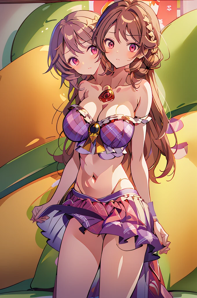 (masterpiece, best quality), best quality, (ultra-detailed), (3heads:1.5), 1girl, (sumireko usami:1.3), masterpiece, best quality, ultra quality, ultra resolution, ultra detail, purple plaid top, crop top, ((stomach)), midriff, ((groin)), purple plaid skirt, normal ears, shackles, brown hair, shoulder-length hair, pigtails, very long hair, wavy hair, sidelocks, brown eyes, detailed eyes, parted lips, sweat, cute, open belly, toned belly, hand on own chest, eyelashes, (24 year old woman:1.3), (masterpiece:1.5), (best quality:1.5), (beautiful detailed), extremely detailed CG, extremely delicate and beautiful, depth of field, (finely detailed face), (perfect details:1.2), (mature female:1.3), wide pelvis, slender, large veiny breast, 16k resolution, highres, very high quality, very high definition, extremely detailed, masterpiece, brown hair, long hair, alluring presence, braid, short skirt, close up, very big tits, huge tits, young, fedora,