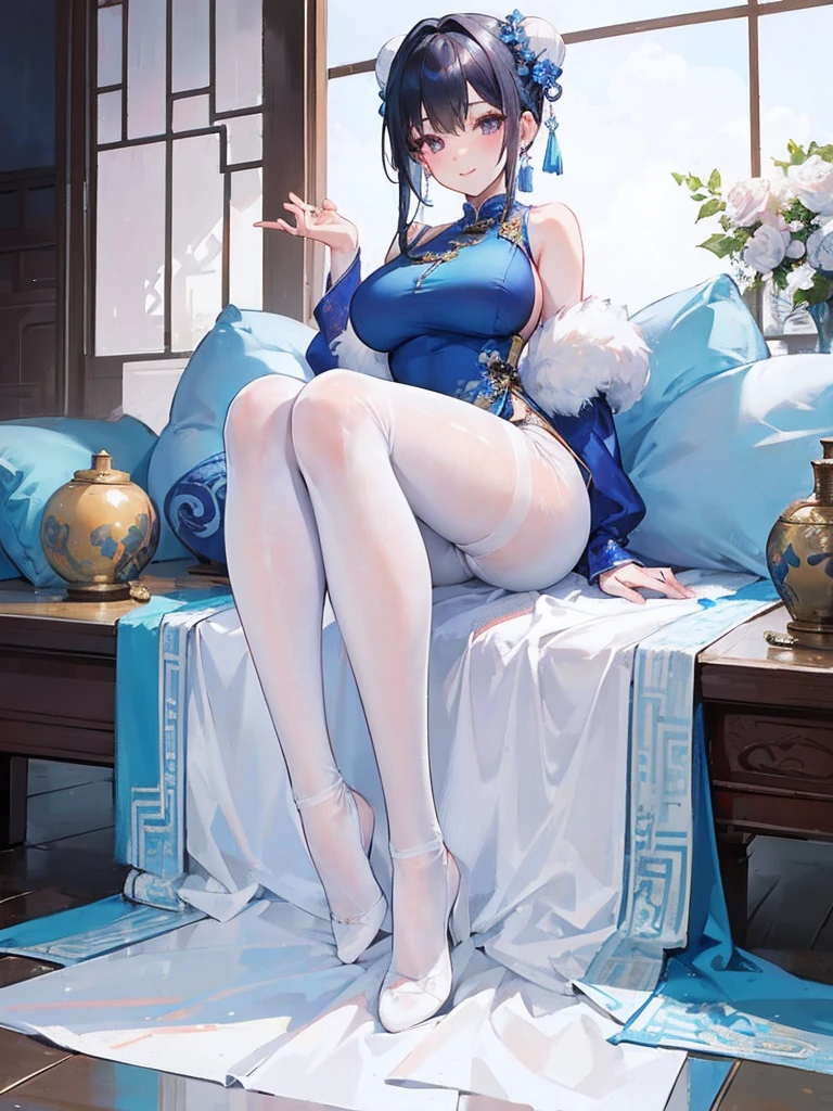 Masterpiece, best, 1 female, blue clothes, blue cheongsam, full body photo, ancient Chinese style, white cloth bun bun, black hair, shoulders, big breasts, slender legs, smile, white pantyhose, pantyhose lace side, white underwear, pale pink lips, embroidered dress