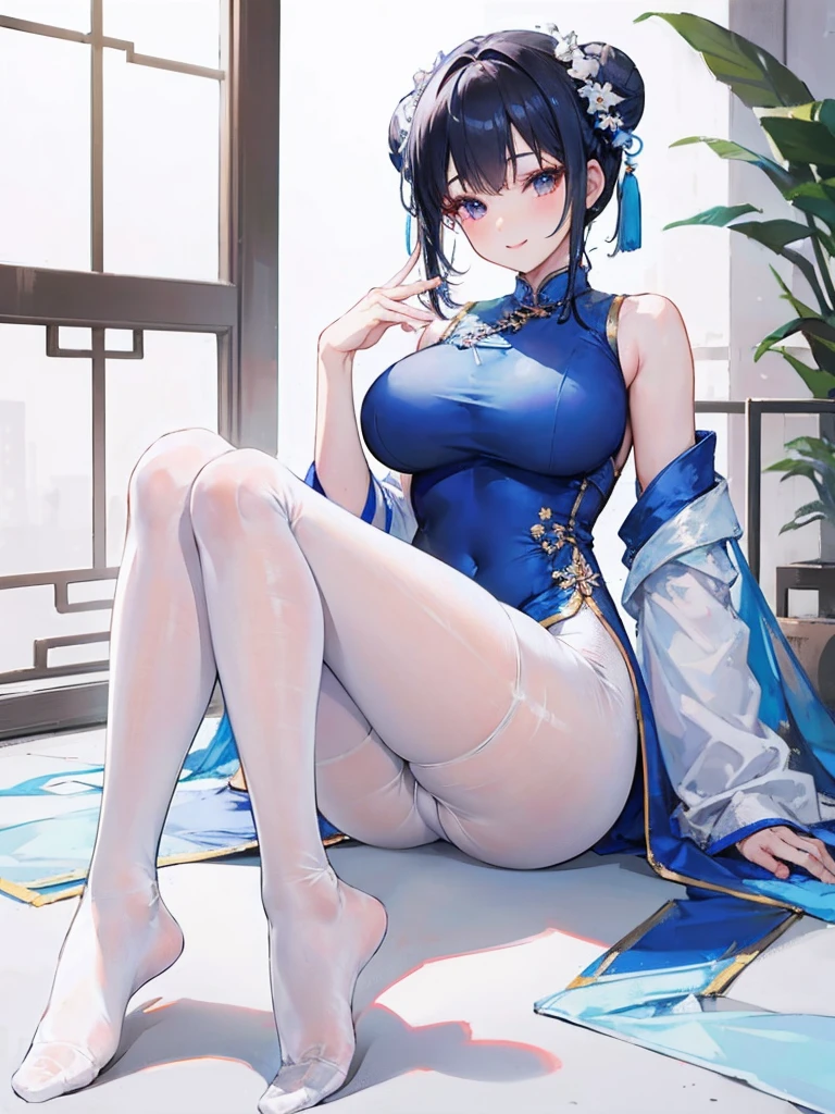 Masterpiece, best, 1 female, blue clothes, blue cheongsam, full body photo, ancient Chinese style, white cloth bun bun, black hair, shoulders, big breasts, slender legs, smile, white pantyhose, pantyhose lace side, white underwear, pale pink lips, embroidered dress
