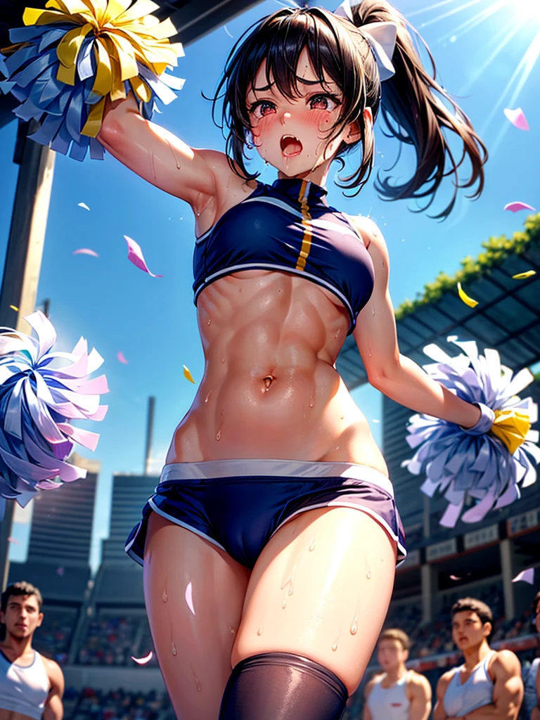 Highest quality,Highest Resolution,A beautiful girl with a crying face, a cheerleader with pom-poms,Sweat flying,Big eyes,Belly button,Underwear that becomes transparent due to sweat,Black hair ponytail,Abdominal muscles,Diagonally below,Arena,support,Outdoor,Sunshine,Open your mouth and drool,Dripping a lot of saliva,