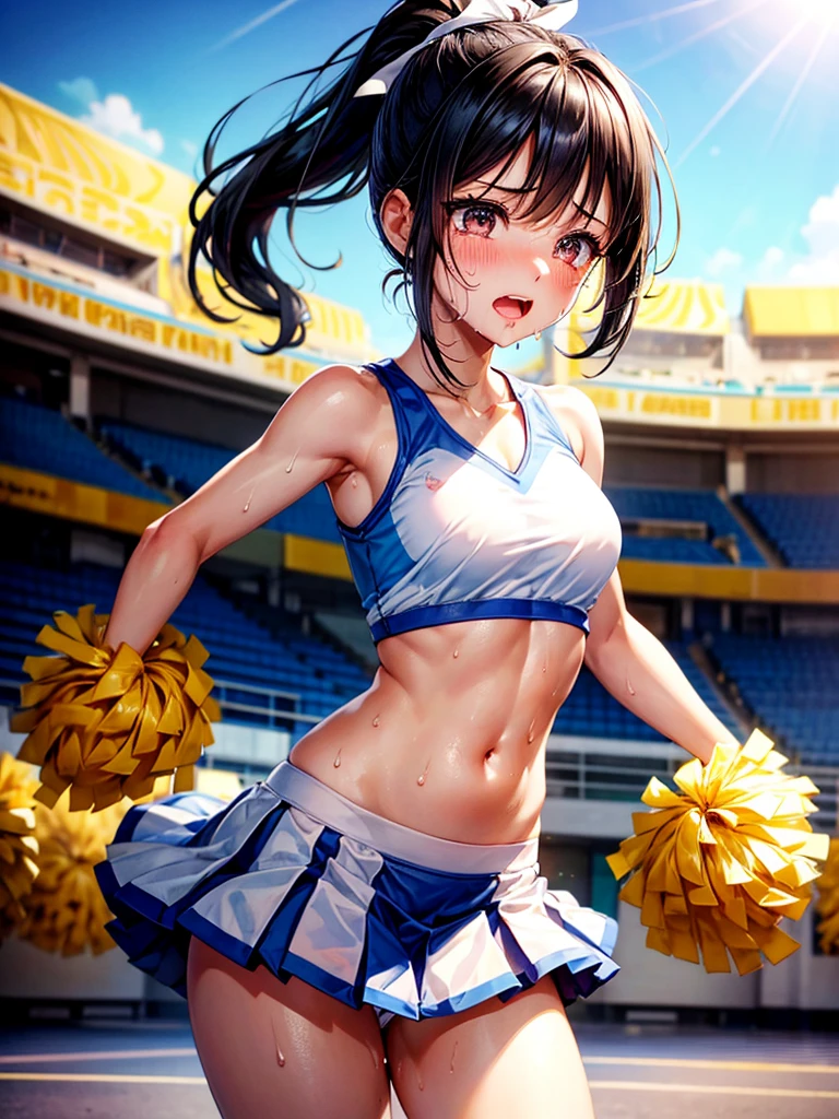 Highest quality,Highest Resolution,A beautiful girl with a crying face, a cheerleader with pom-poms,Sweat flying,Big eyes,Belly button,Underwear that becomes transparent due to sweat,Black hair ponytail,Abdominal muscles,Diagonally below,Arena,support,Outdoor,Sunshine,Open your mouth and drool,Dripping a lot of saliva,