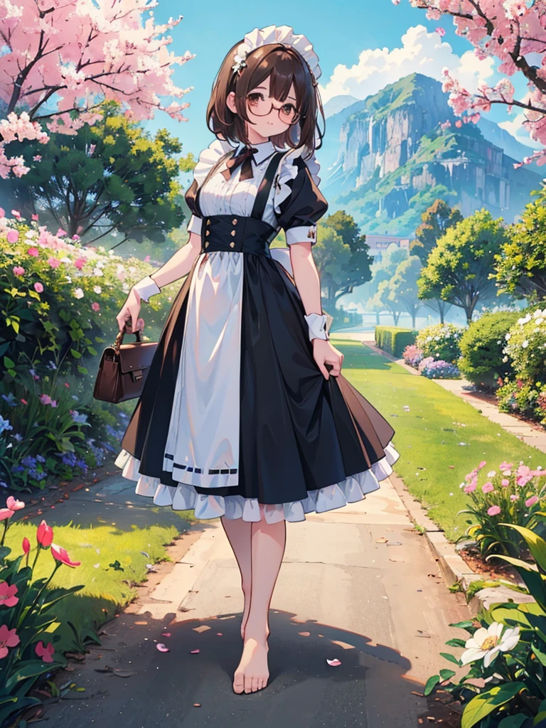 1 woman、brown hair(long)、brown eyes、black round glasses、 best quality、Super detailed、8K resolution、Raw photo、muste piece、seductive 、outfits maid, gorgeous face、perfect body、spring scenery、barefoot, stroll、smile