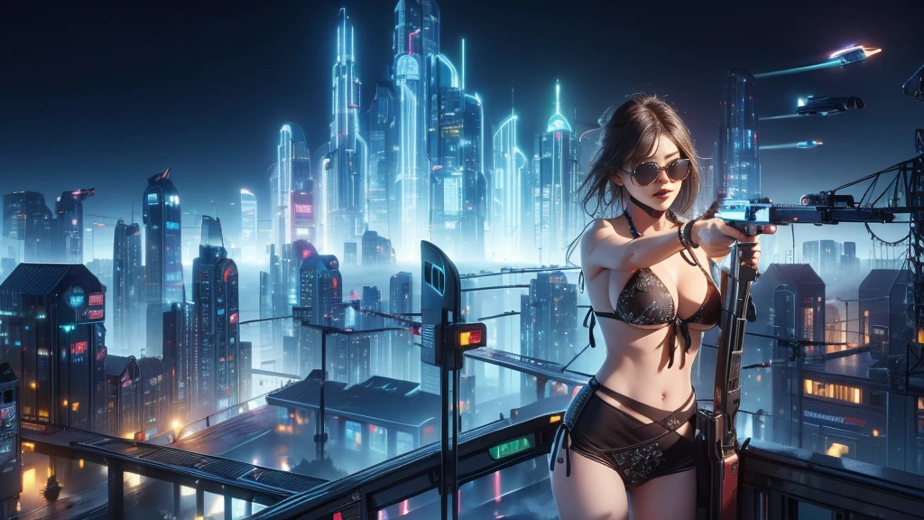 (((a medium-breast bikini slim GIRL with black (micro) sunglasses))), (((((aiming at viewer with a pistol))))), a balcony of a futuristic building, aerial view of an ultra-futuristic megalopolis, metal buildings and houses in dark colors from dark blue to black, shades of metal gray, smoky metal structures, industrial environment with smoke and fog around, dark cars on the streets, desert megalopolis, modern metal rails and trains passing through, tall futuristic metal buildings, ultra modern buildings, (((((railway station))))), realistic, detailed, sci-fi.
