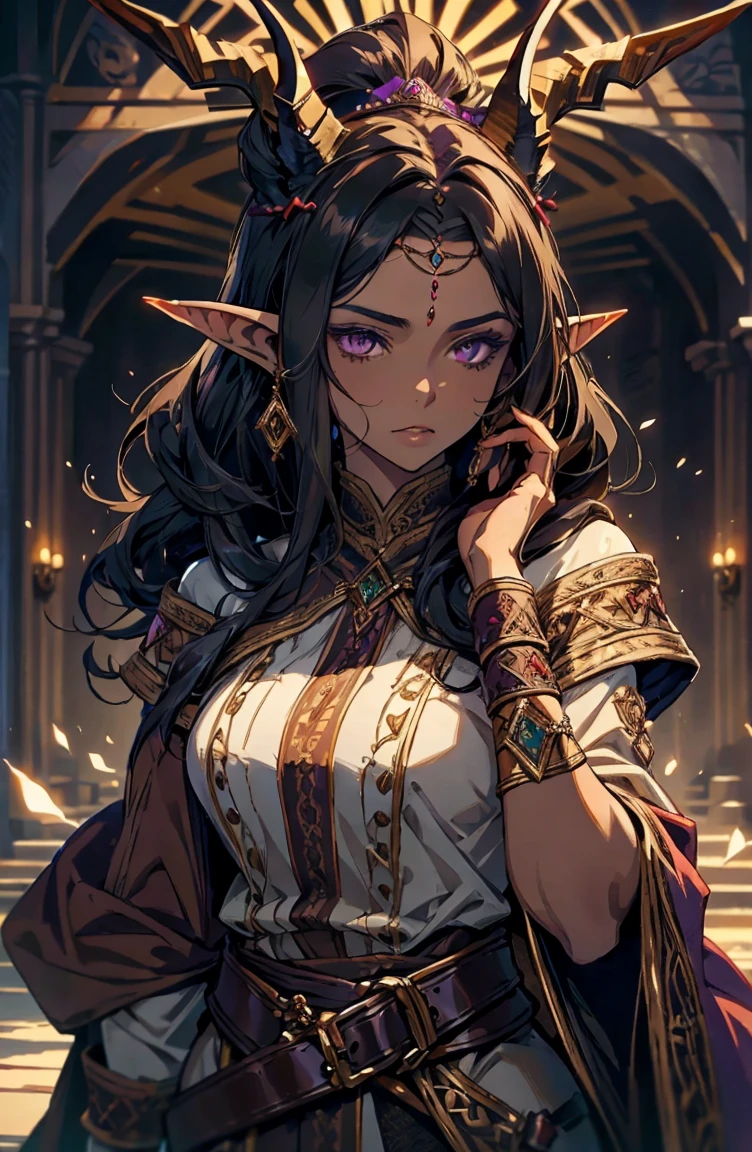 brown skin, older woman, sexy, tall, brown skin, one wing, black hair, elf, elf ears, horns, dark clothing, purple clothing