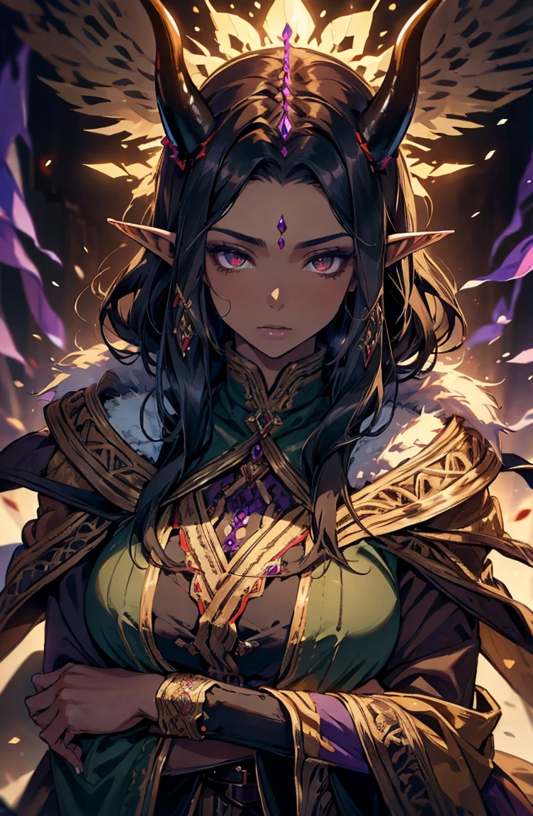 brown skin, older woman, sexy, tall, brown skin, one wing, black hair, elf, elf ears, horns, dark clothing, purple clothing
