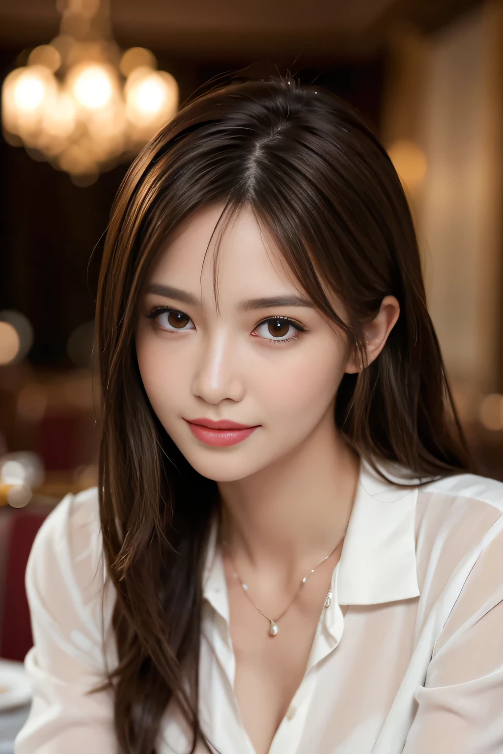 Tabletop, Highest quality, Realistic, Very detailed, finely, High resolution, 8k wallpaper, One beautiful woman,, Light brown messy hair, Wearing an open-necked white dress shirt,In a luxurious restaurant 、Sharp focus, Perfect dynamic composition, Beautiful and beautiful eyes, Thin Hair, Detailed Realistic skin texture, smile, Close-up portrait, Model Body Type
