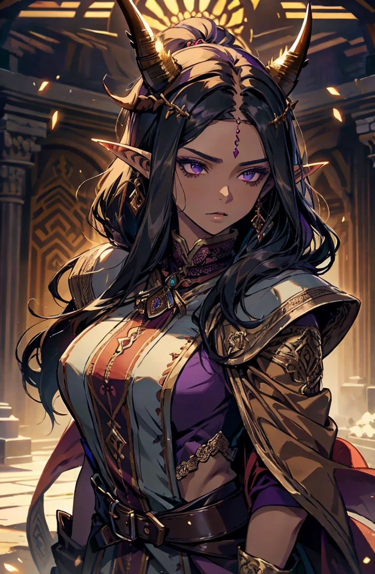 brown skin, older woman, sexy, tall, brown skin, one wing, black hair, elf, elf ears, horns, dark clothing, purple clothing