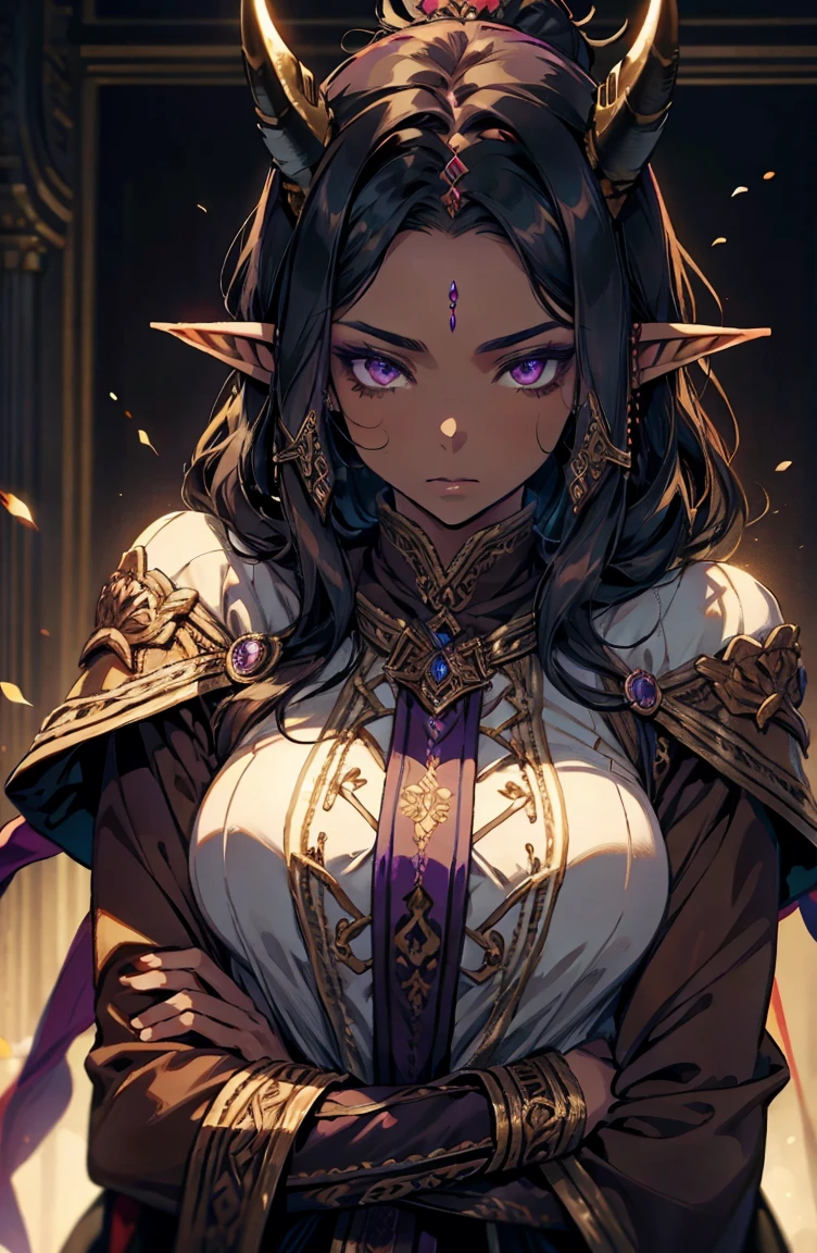 brown skin, older woman, sexy, tall, brown skin, one wing, black hair, elf, elf ears, horns, dark clothing, purple clothing