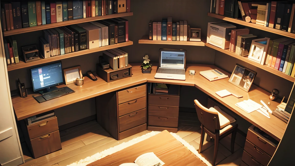 Bookshelf、A narrow and dark study、There is one desk with a PC in the center.、No people、Front horizontal view