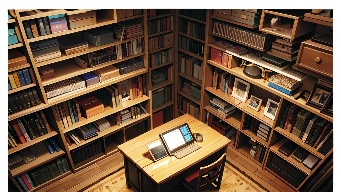 Bookshelf、A narrow and dark study、There is one desk with a PC in the center.、No people、Front horizontal view