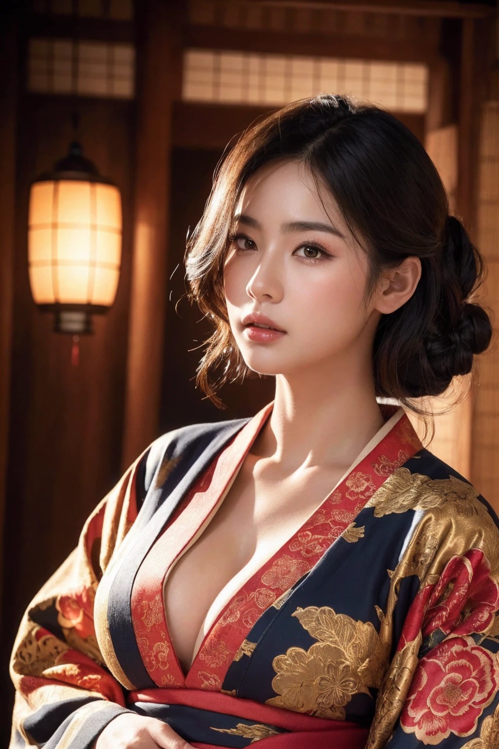 big breasted japanese woman in elaborate kimono, ornate shrine, cinematic atmosphere, (best quality,4k,8k,highres,masterpiece:1.2),ultra-detailed,(realistic,photorealistic,photo-realistic:1.37),(looking at viewer),highly detailed face,beautiful detailed eyes,beautiful detailed lips,extremely detailed eyes and face,long eyelashes,intricate kimono design,ornate shrine background,warm lighting,dramatic shadows,vibrant colors,photorealistic