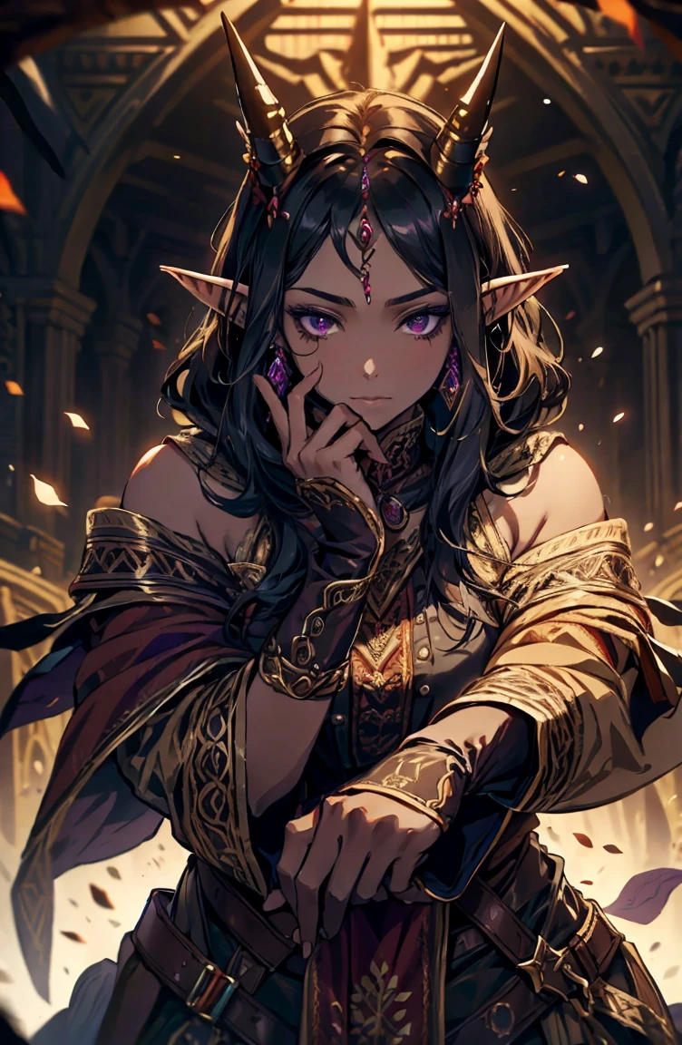brown skin, older woman, ????, tall, brown skin, one wing, black hair, elf, elf ears, horns, dark clothing, purple clothing