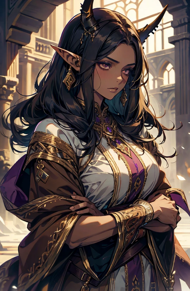 brown skin, older woman, sexy, tall, brown skin, one wing, black hair, elf, elf ears, horns, dark clothing, purple clothing