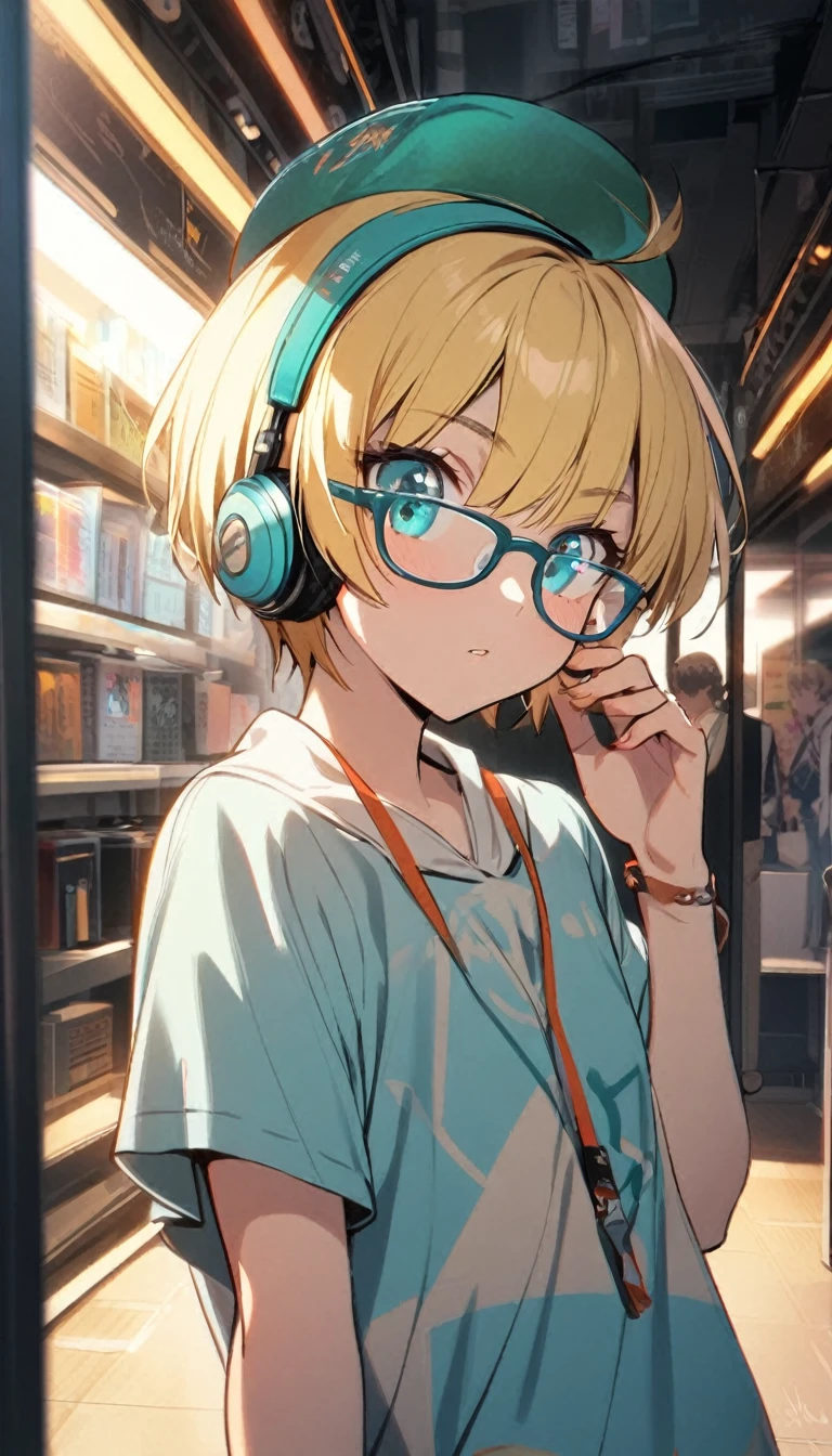 1girl, boyish, wearing glasses, aqua eyes, blond hair, short hair, headphone